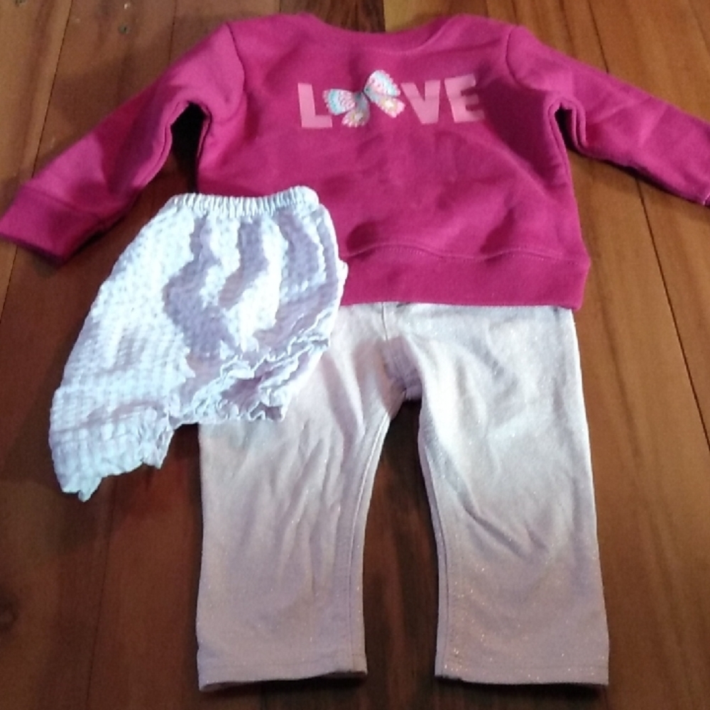 Garanimals 6-9 Months Girls Outfit Sweatshirt, Sparkly Leggings & Bloomer Set